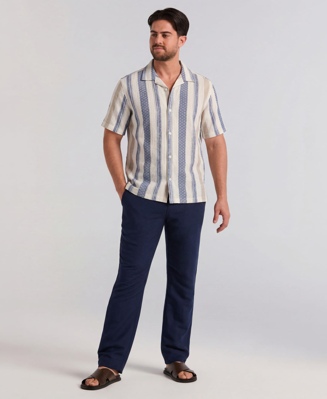 Linen Blend Striped Dobby Shirt (Egret) 