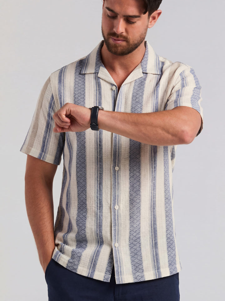 Linen Blend Striped Dobby Shirt (Egret) 