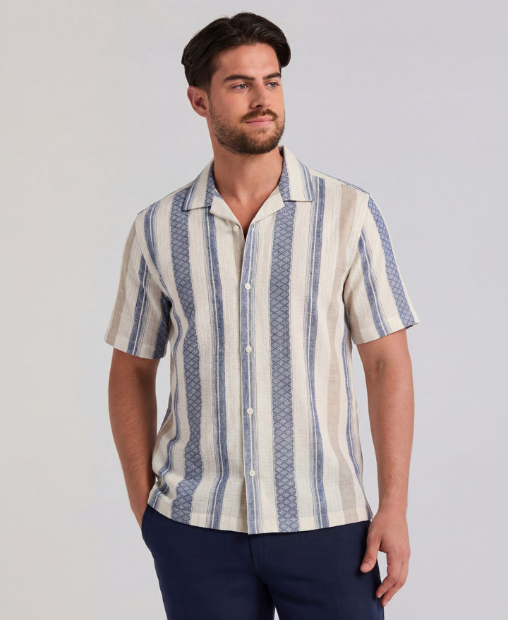 Linen Blend Striped Dobby Shirt (Egret) 