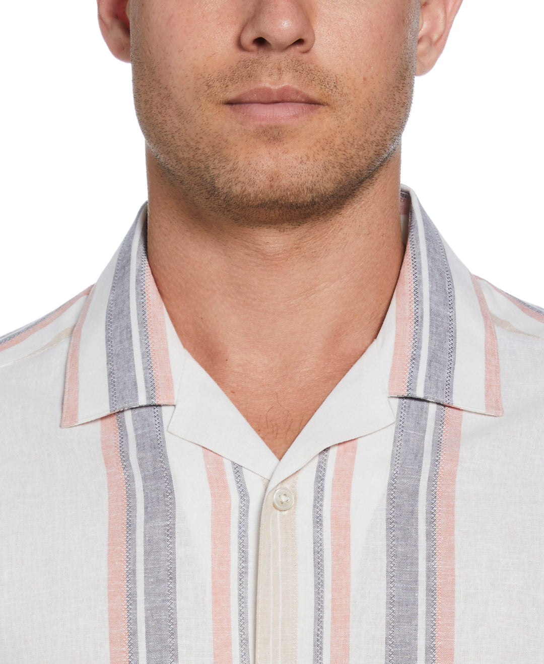Linen Blend Striped Panel Shirt (Egret) 