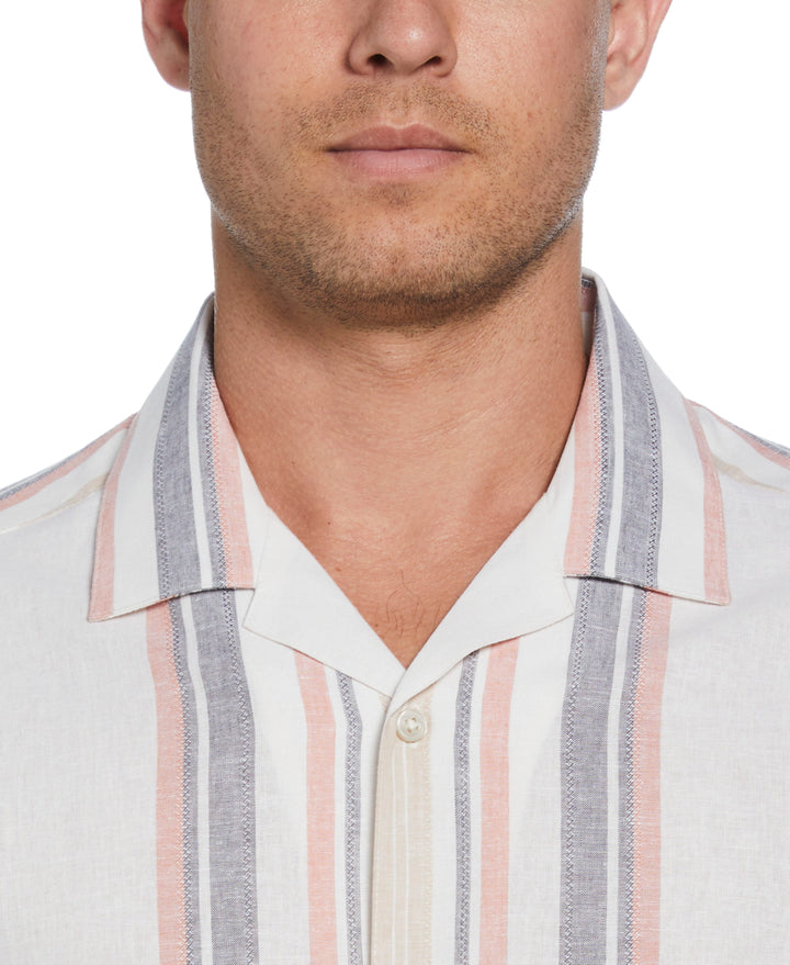 Linen Blend Striped Panel Shirt (Egret) 