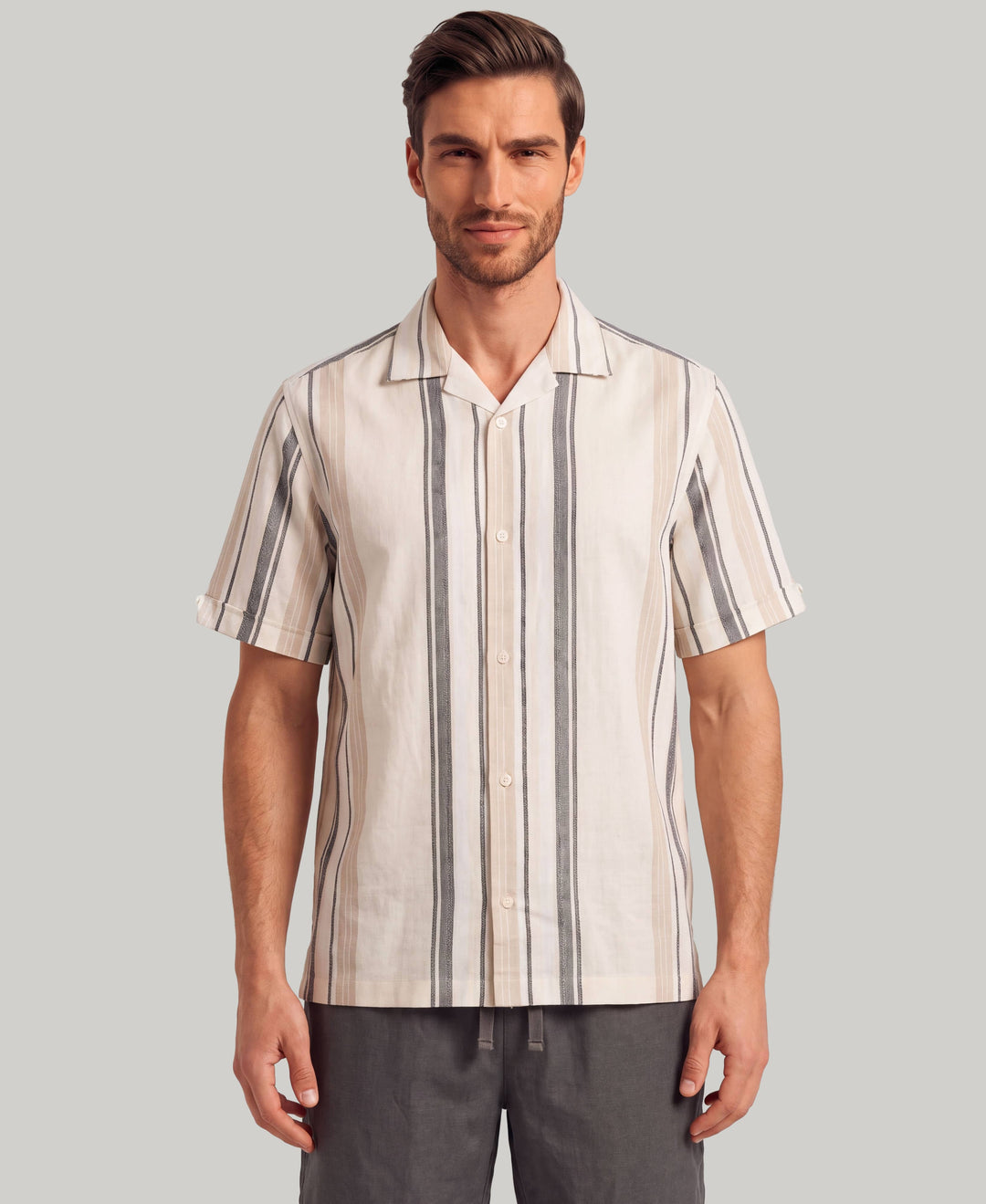 Linen Blend Striped Panel Shirt (Jet Black) 