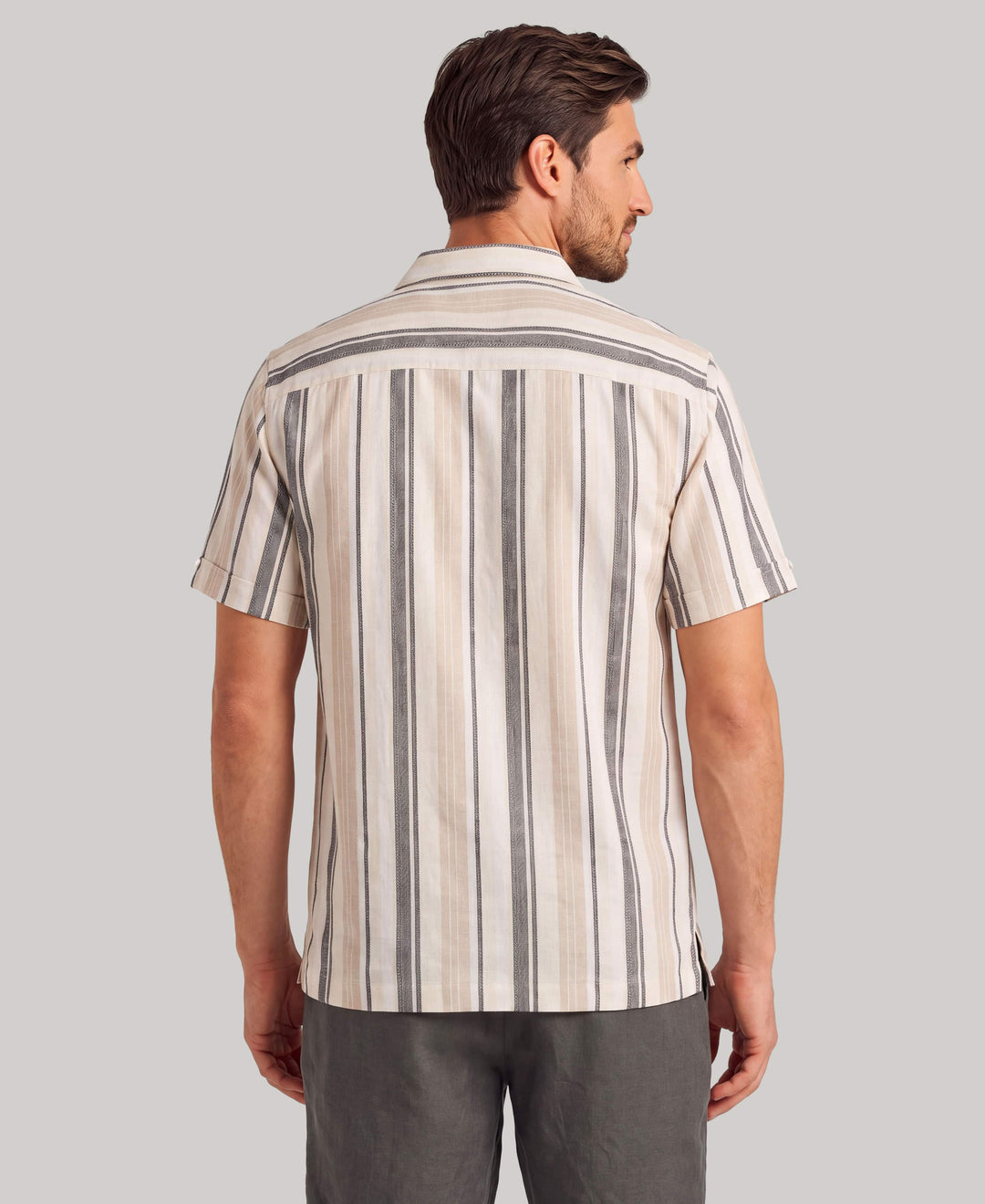 Linen Blend Striped Panel Shirt (Jet Black) 
