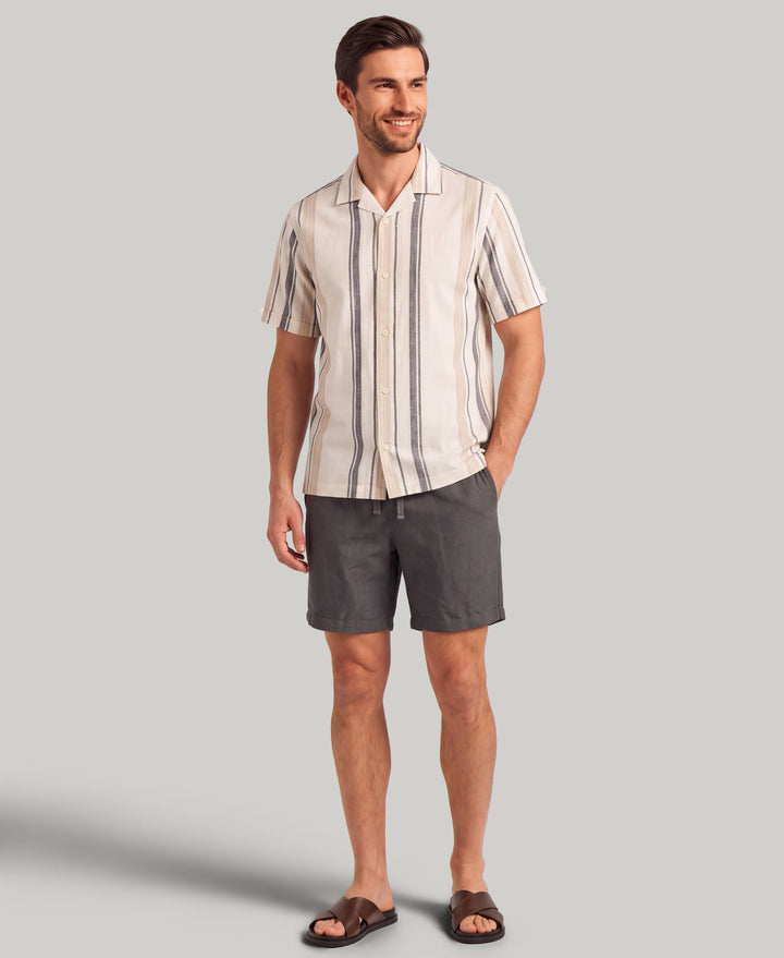 Linen Blend Striped Panel Shirt (Jet Black) 
