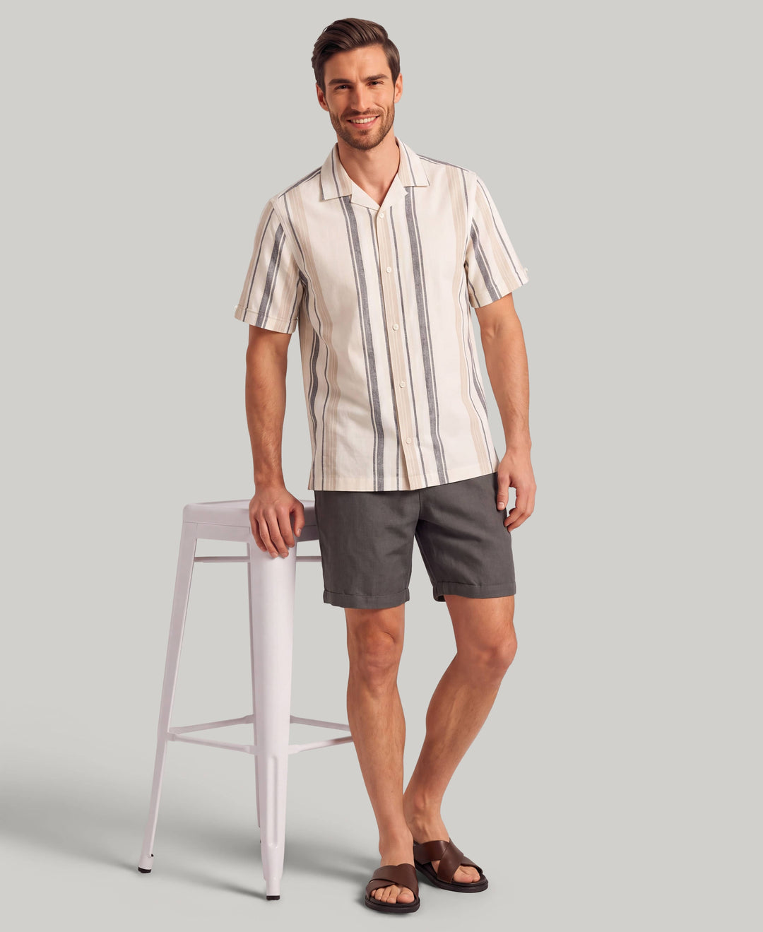 Linen Blend Striped Panel Shirt (Jet Black) 
