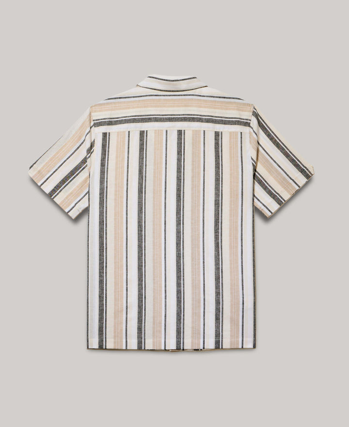 Linen Blend Striped Panel Shirt (Jet Black) 