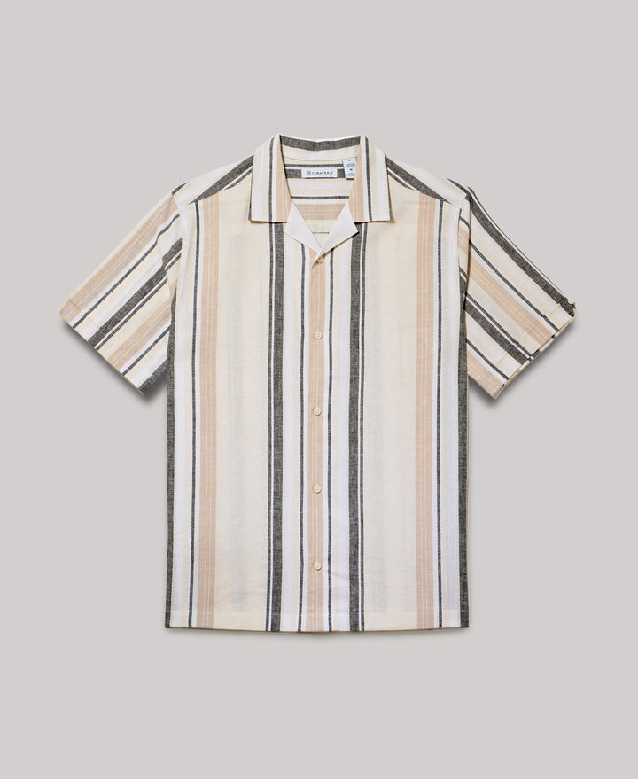 Linen Blend Striped Panel Shirt (Jet Black) 
