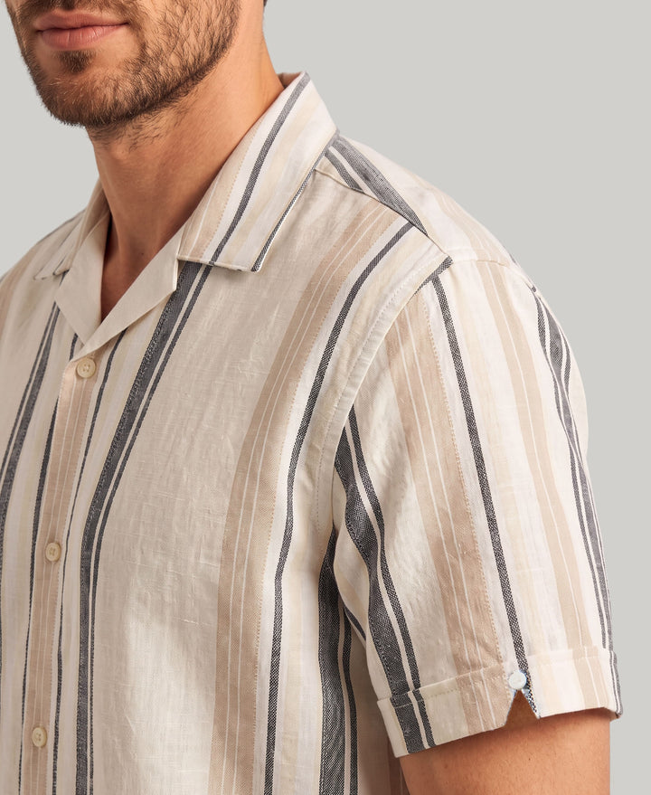 Linen Blend Striped Panel Shirt (Jet Black) 