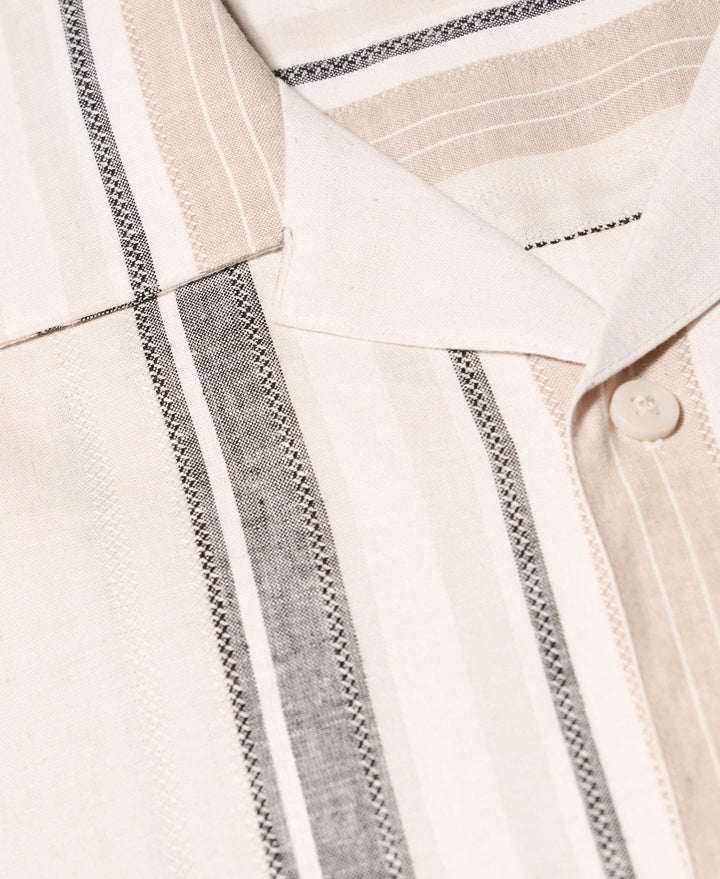 Linen Blend Striped Panel Shirt (Jet Black) 