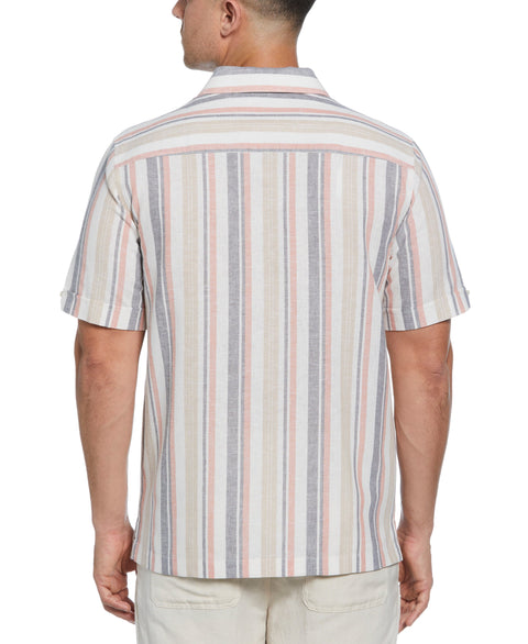 Linen Blend Striped Panel Shirt (Egret) 