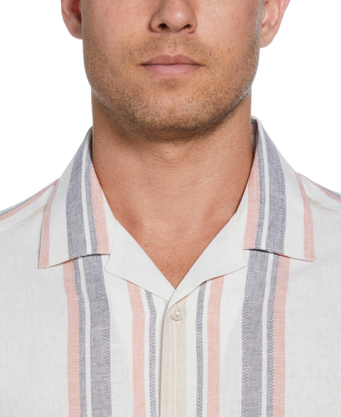 Linen Blend Striped Panel Shirt (Egret) 