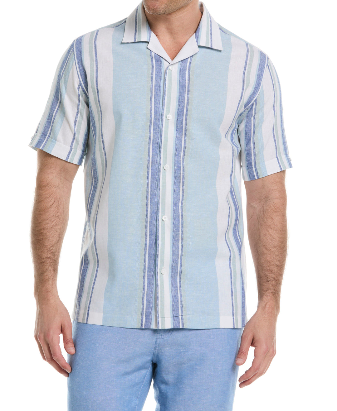 Linen Blend Striped Panel Shirt (Forget Me Not) 