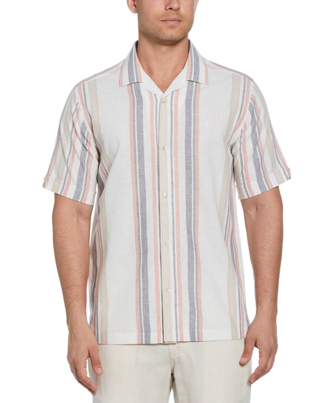 Linen Blend Striped Panel Shirt (Egret) 
