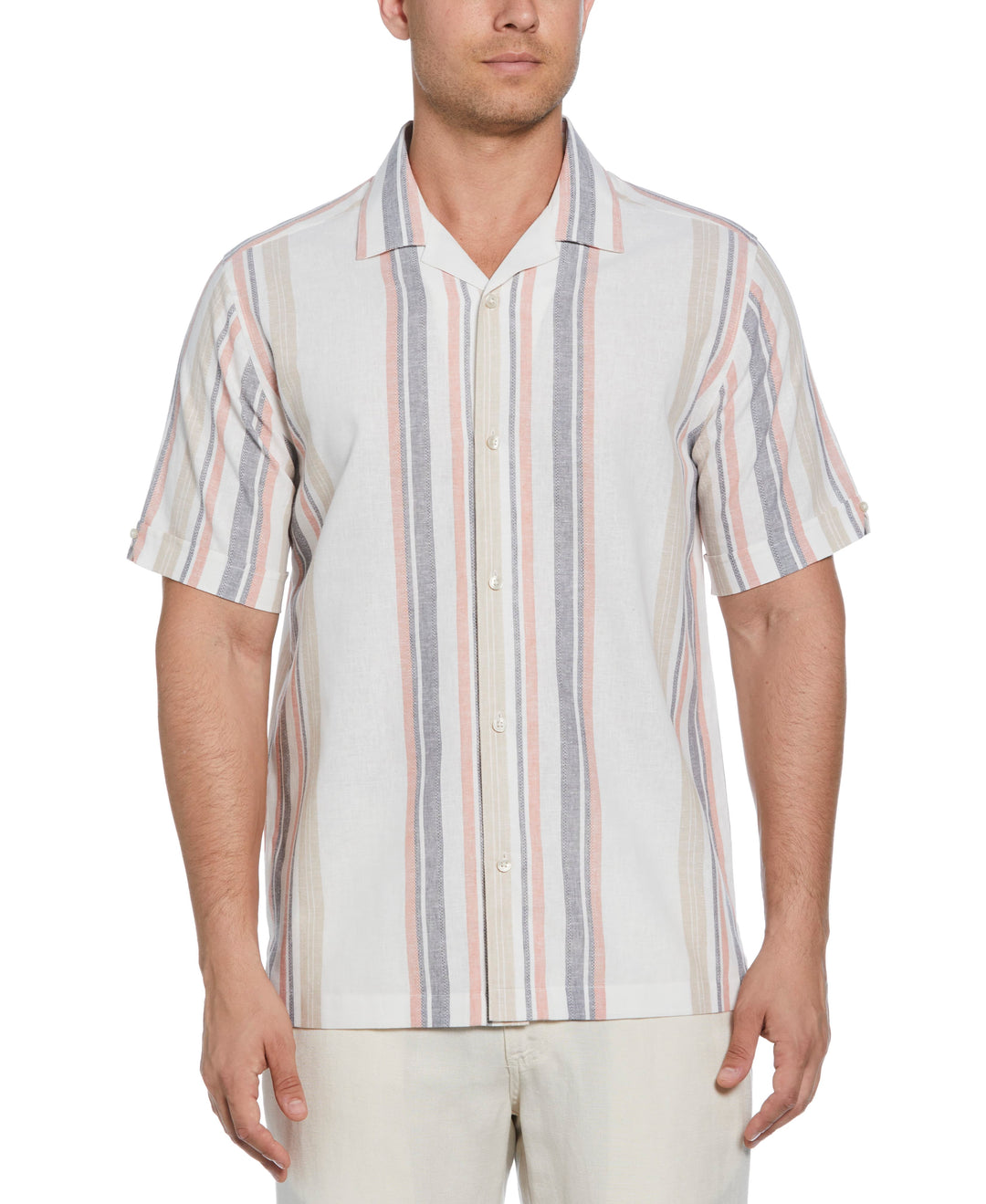 Linen Blend Striped Panel Shirt (Egret) 