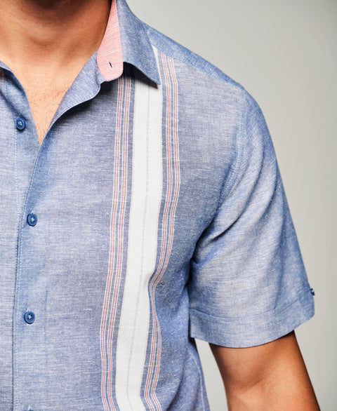 Linen Blend Textured Panel Shirt-Casual Shirts-Cubavera