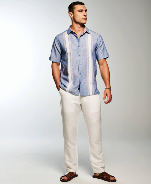 Linen Blend Textured Panel Shirt-Casual Shirts-Cubavera