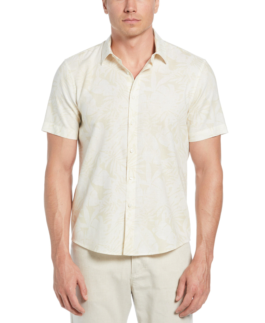 Linen Blend Tonal Multi Leaf Print Shirt (Bleached Sand) 
