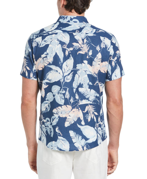 Linen-Blend Tropical Bird Print Shirt (Ensign Blue) 