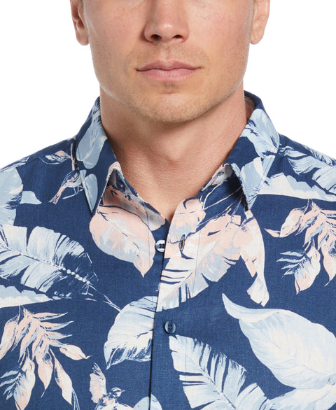 Linen-Blend Tropical Bird Print Shirt (Ensign Blue) 
