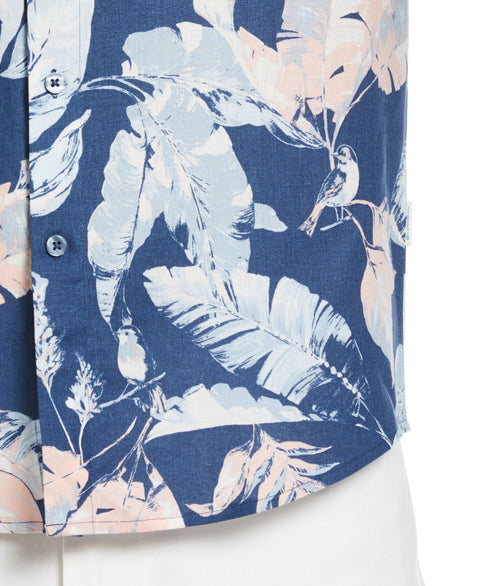 Linen-Blend Tropical Bird Print Shirt (Ensign Blue) 