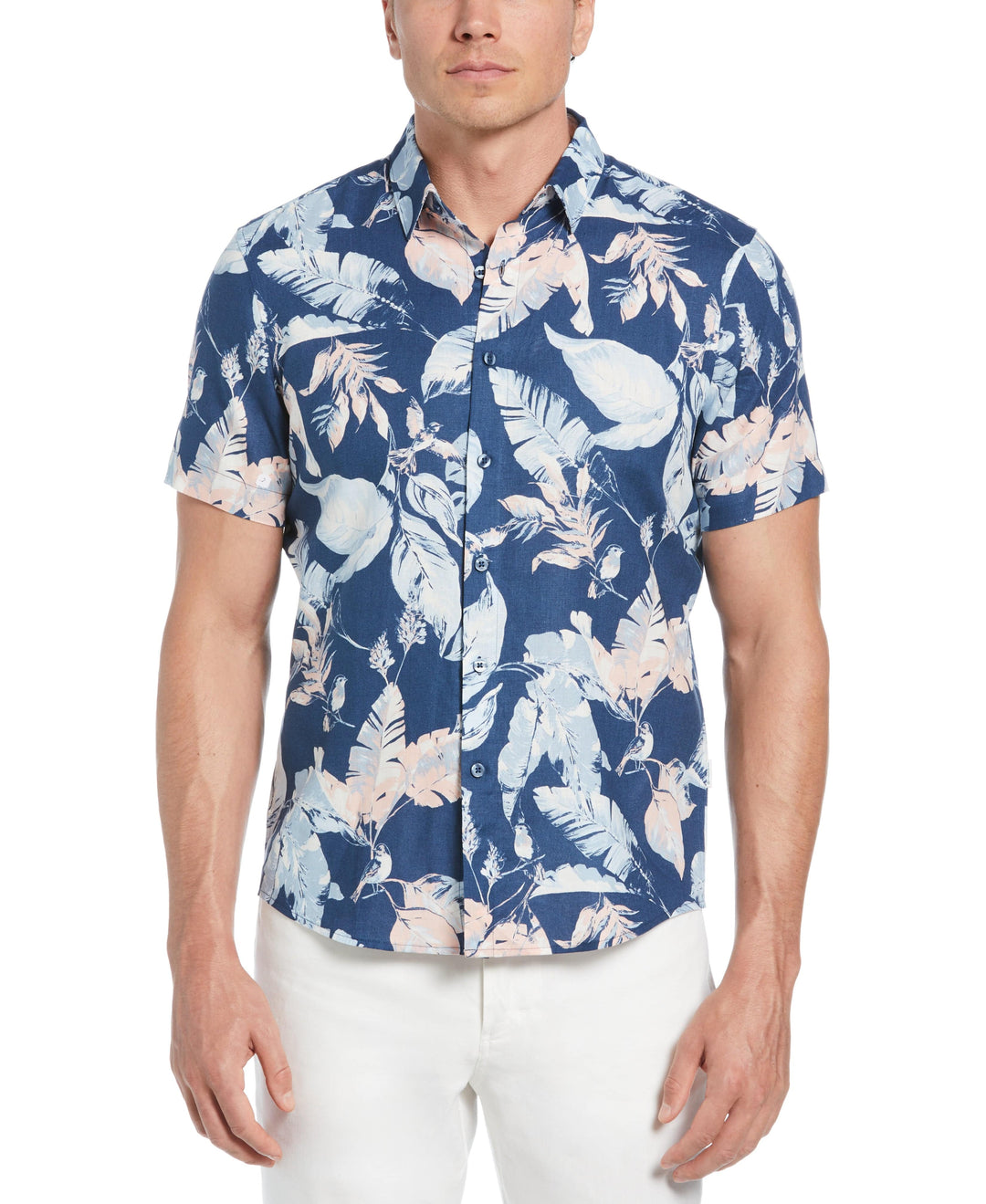 Linen-Blend Tropical Bird Print Shirt (Ensign Blue) 