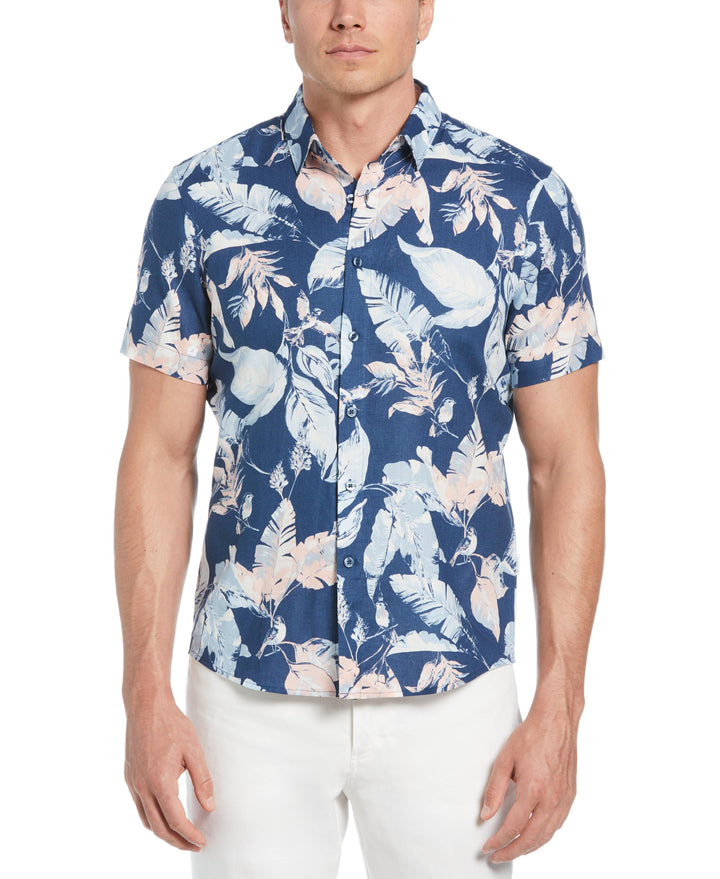 Linen-Blend Tropical Bird Print Shirt (Ensign Blue) 