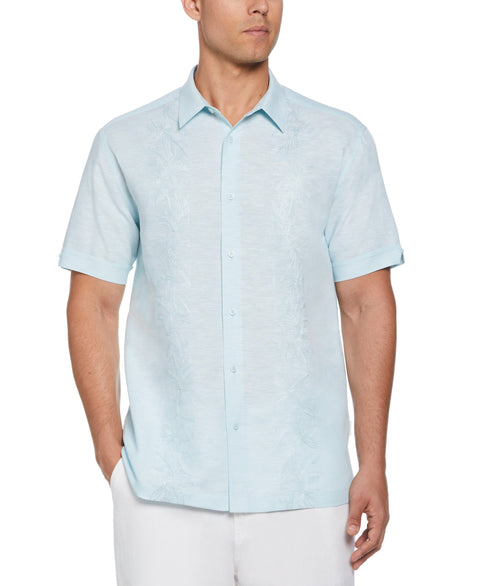 Linen Blend Tropical Embroidery Panel Shirt (Aquatic) 