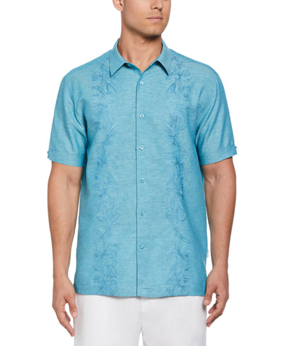 Linen Blend Tropical Embroidery Panel Shirt (Crystal Teal) 