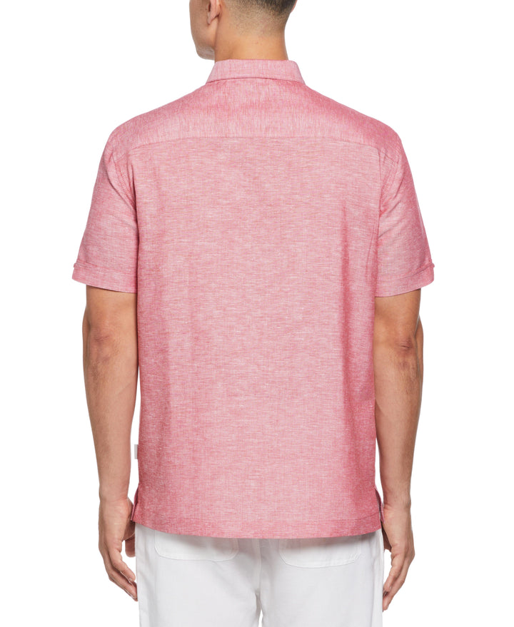 Linen Blend Tropical Embroidery Panel Shirt (Tango Red) 