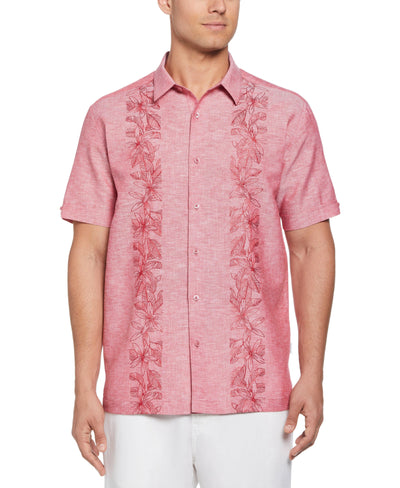 Linen Blend Tropical Embroidery Panel Shirt (Tango Red) 