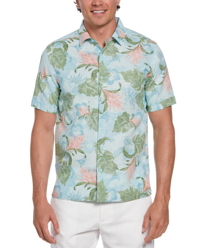 Linen Blend Tropical Floral Print Shirt (Aqua Esque) 