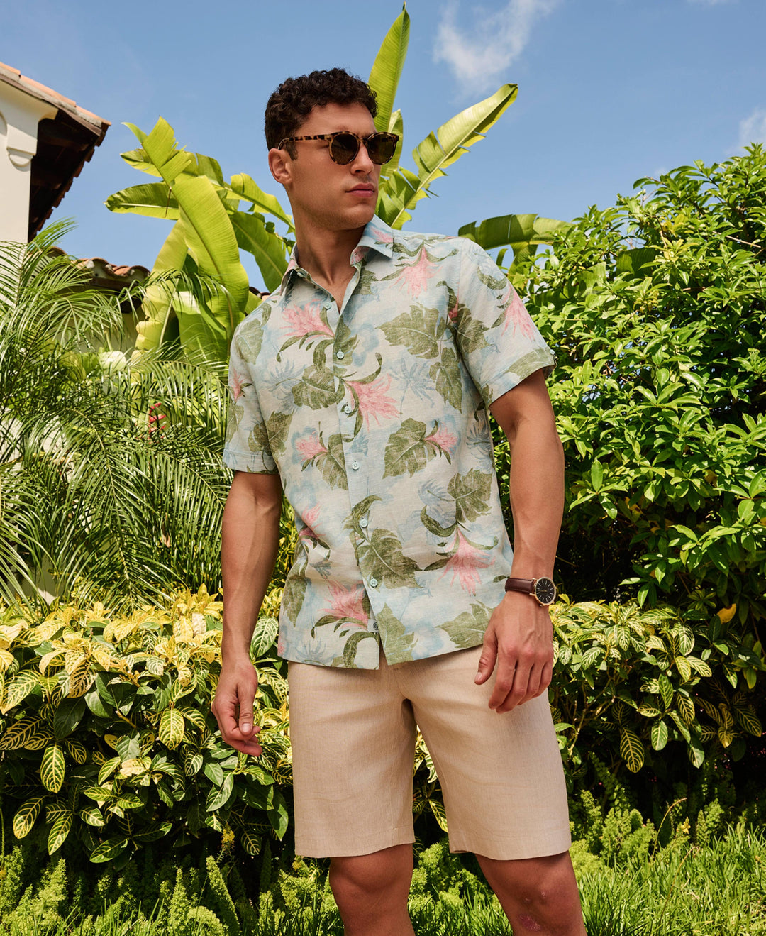 Linen Blend Tropical Floral Print Shirt-Casual Shirts-Cubavera