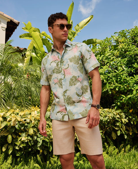 Linen Blend Tropical Floral Print Shirt-Casual Shirts-Cubavera