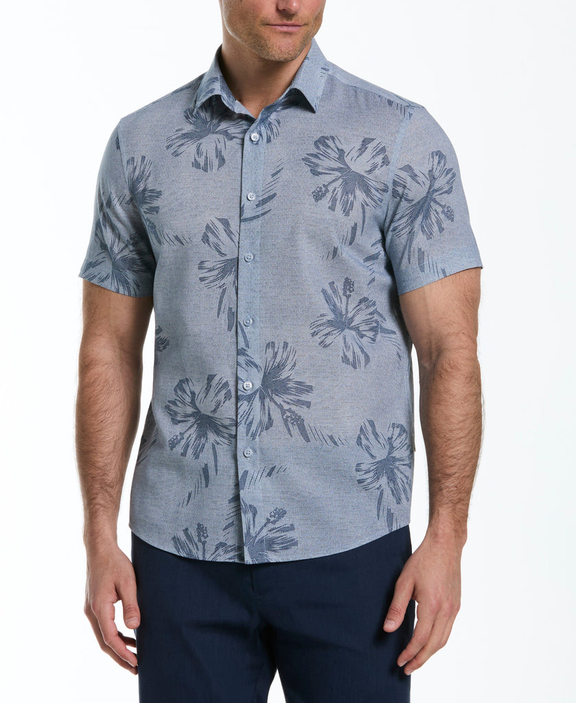 Linen Blend Tropical Tonal Print Shirt