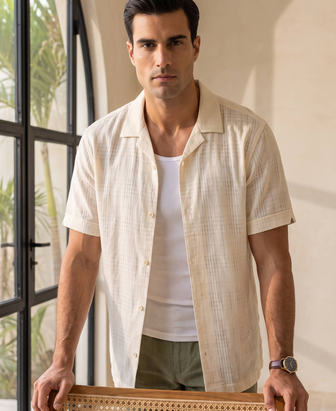 Linen Blend Windowpane Texture Shirt-Casual Shirts-Cubavera