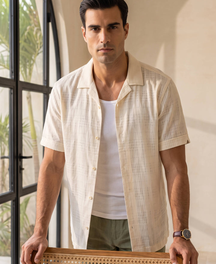 Linen Blend Windowpane Texture Shirt-Casual Shirts-Cubavera