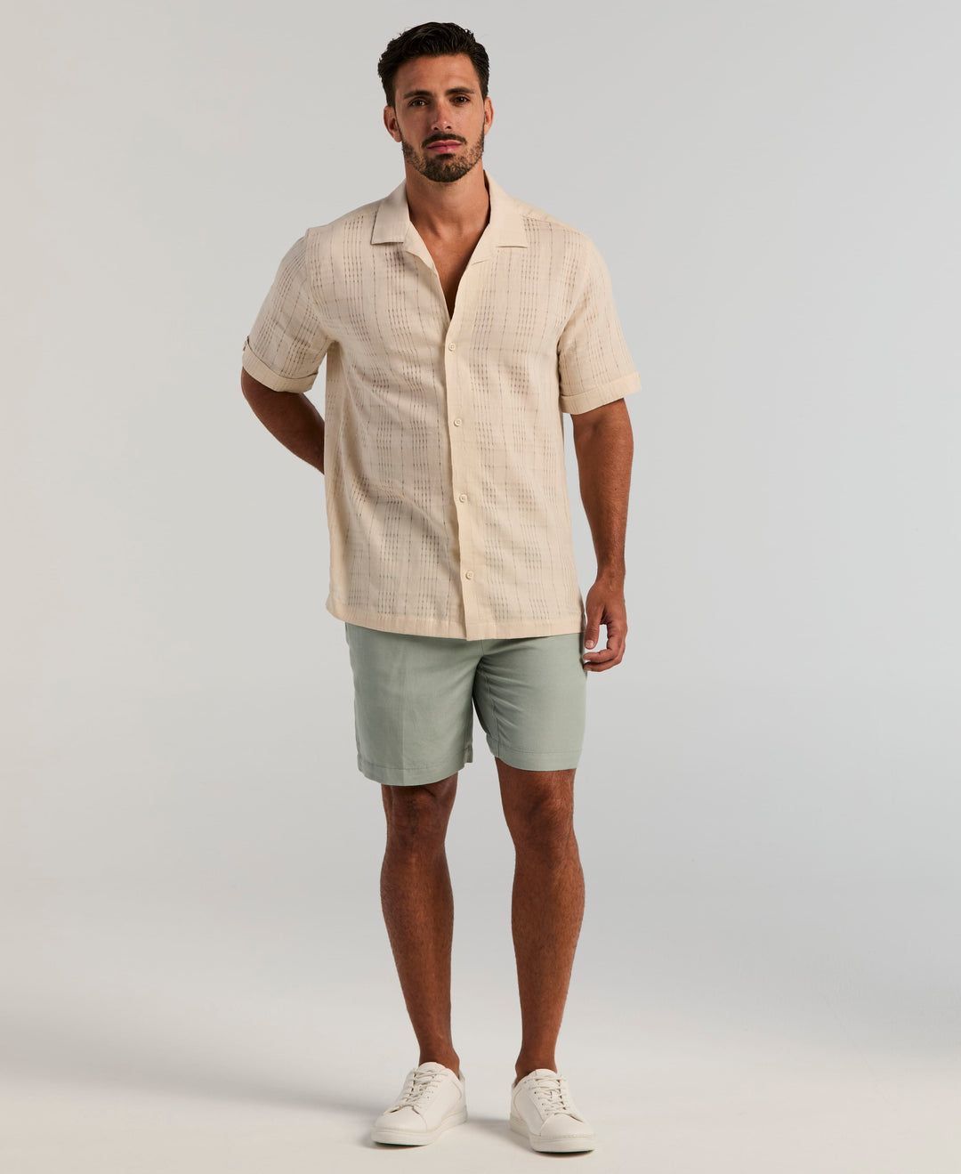 Linen Blend Windowpane Texture Shirt (Rainy Day) 