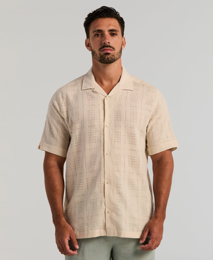 Linen Blend Windowpane Texture Shirt (Rainy Day) 
