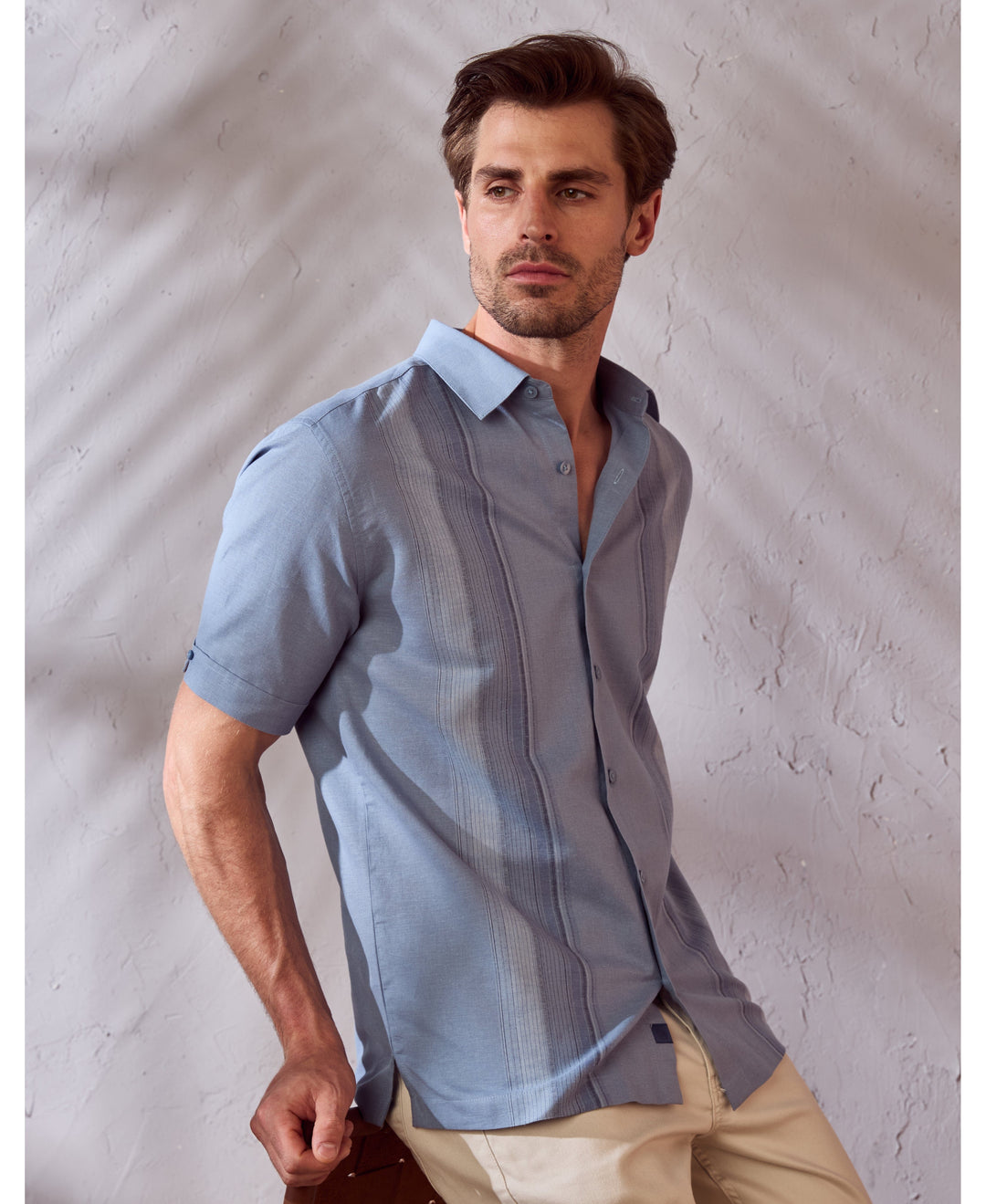 Linen Blend Yarn Dye Panel Shirt-Casual Shirts-Cubavera