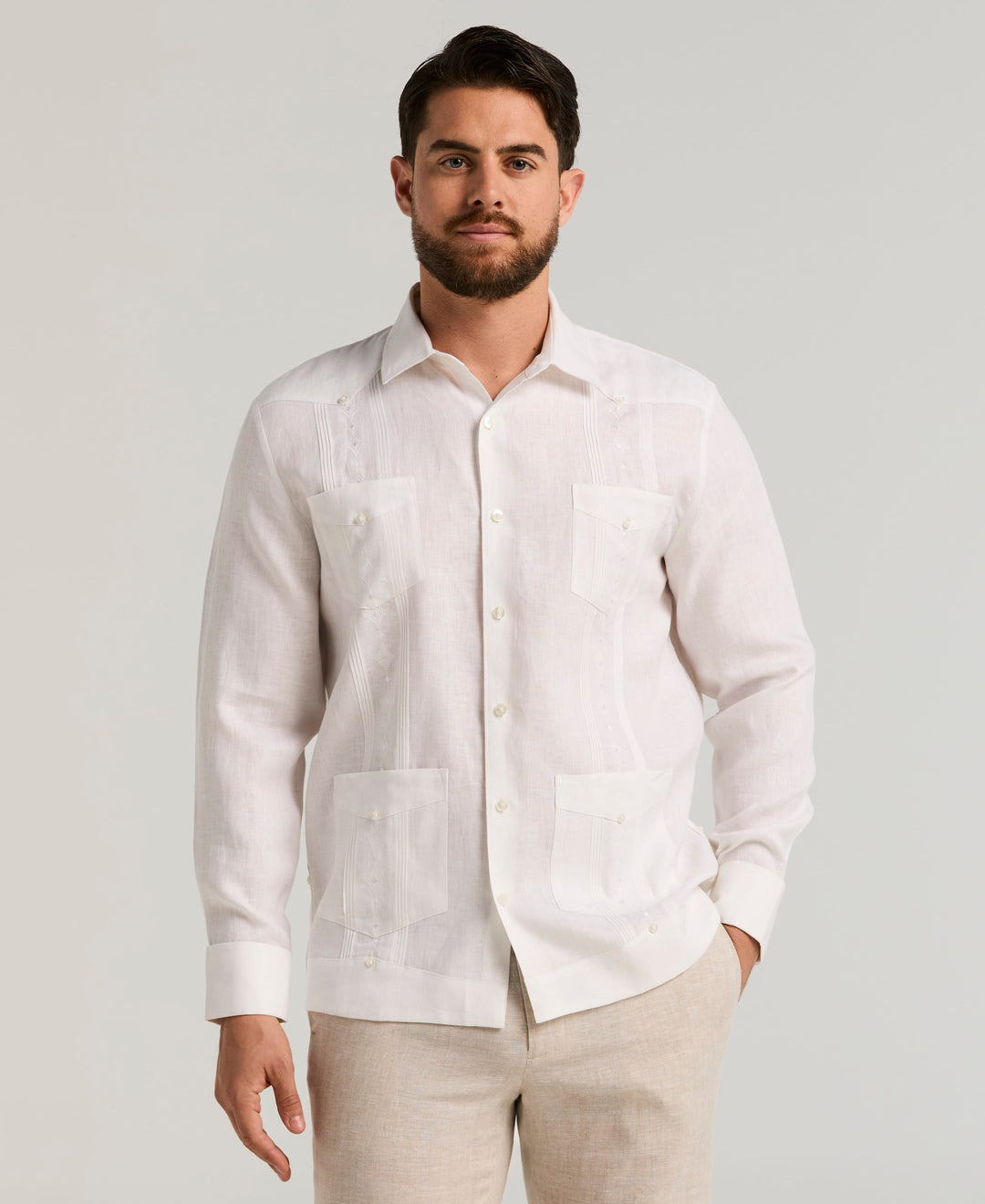 Linen Embroidered French Cuff Guayabera Shirt (Brilliant White) 