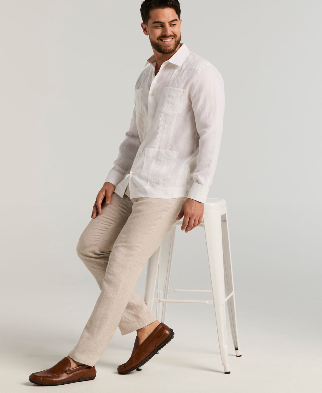 Linen Embroidered French Cuff Guayabera Shirt (Brilliant White) 