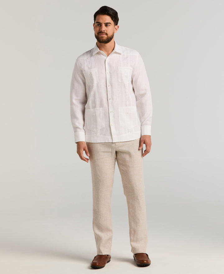 Linen Embroidered French Cuff Guayabera Shirt (Brilliant White) 