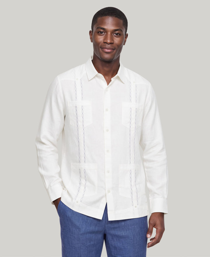 Linen Embroidered Guayabera Shirt (Brillant White/True Navy) 