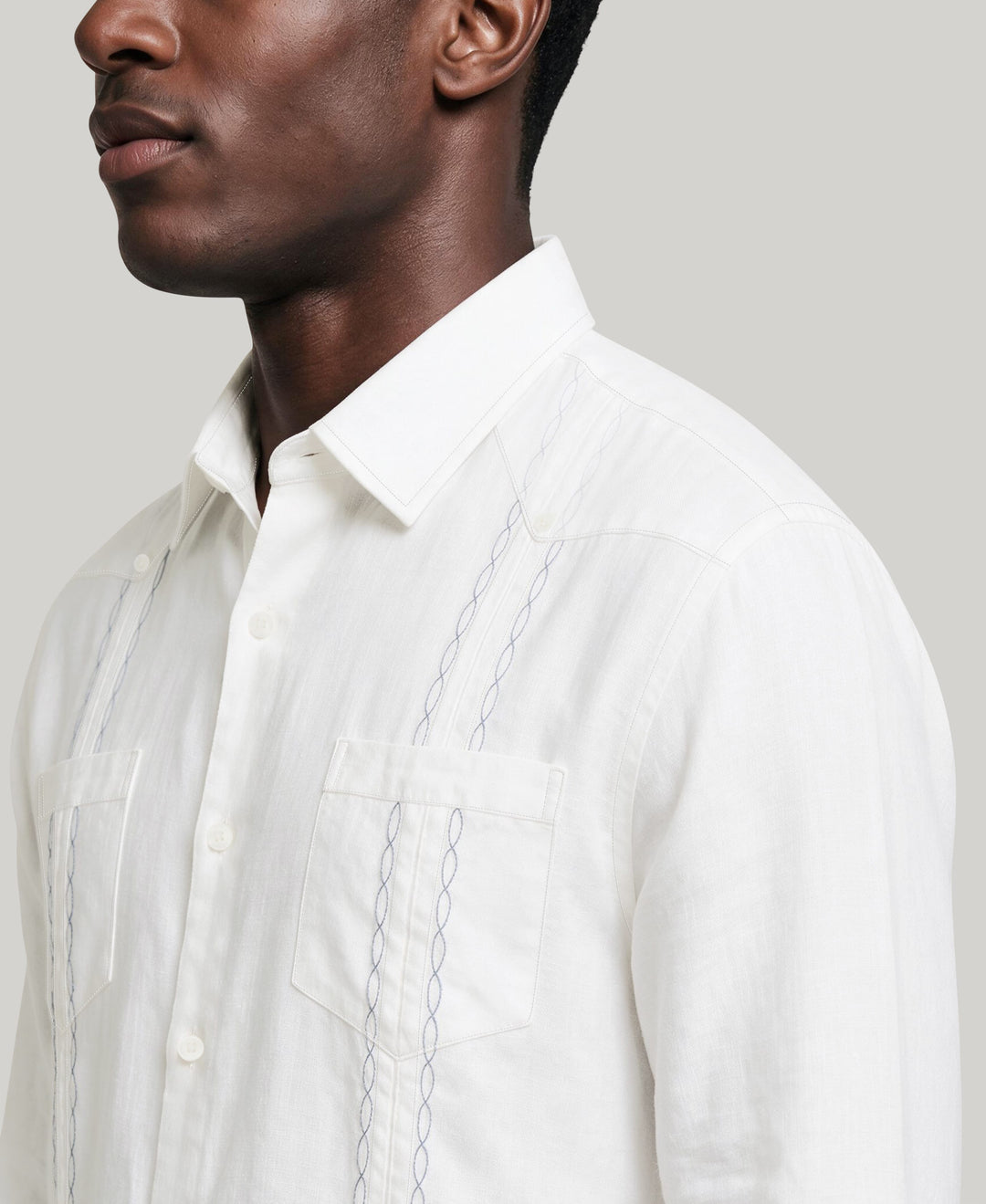 Linen Embroidered Guayabera Shirt (Brillant White/True Navy) 