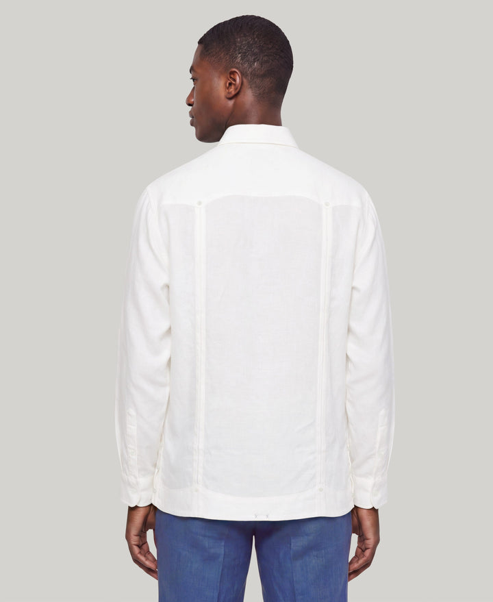 Linen Embroidered Guayabera Shirt (Brillant White/True Navy) 