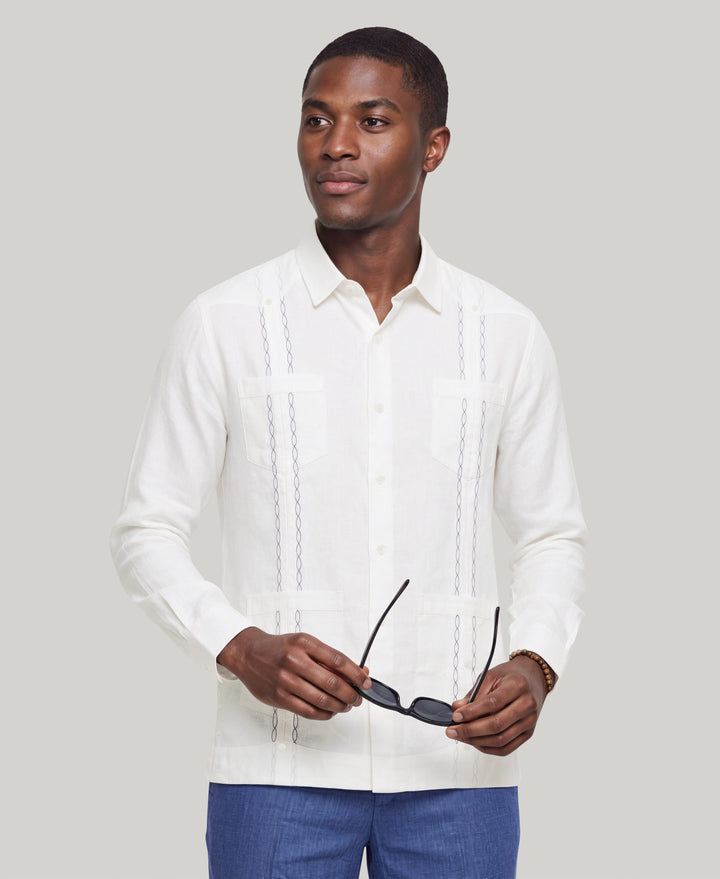 Linen Embroidered Guayabera Shirt (Brillant White/True Navy) 