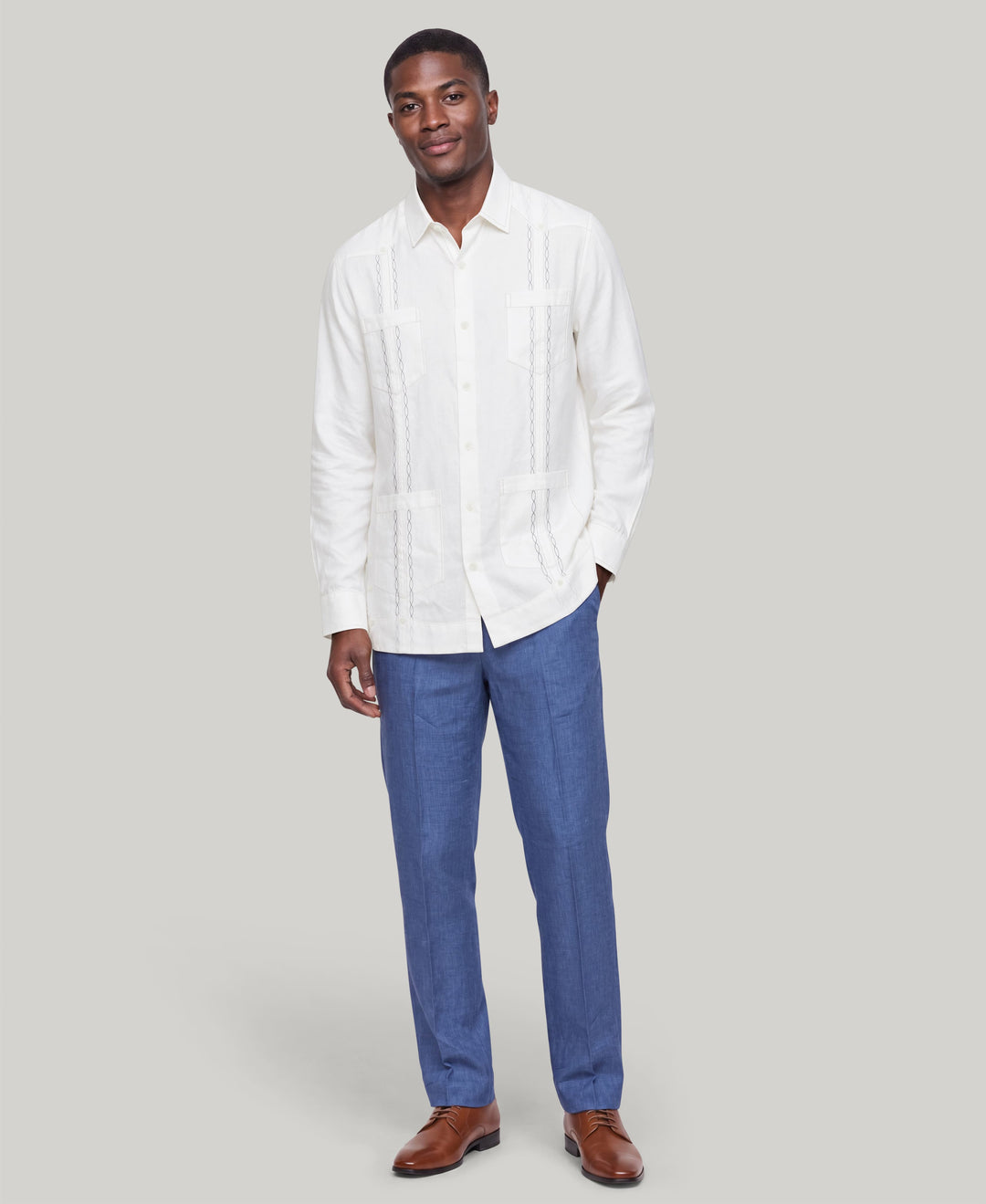Linen Embroidered Guayabera Shirt (Brillant White/True Navy) 