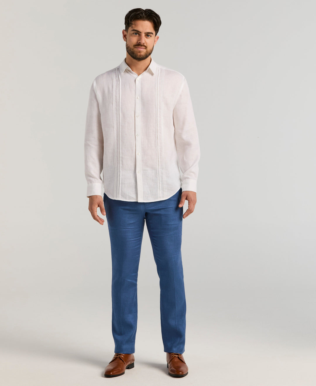 Linen Embroidered Tuck Panel Guayabera Shirt (Brilliant White) 