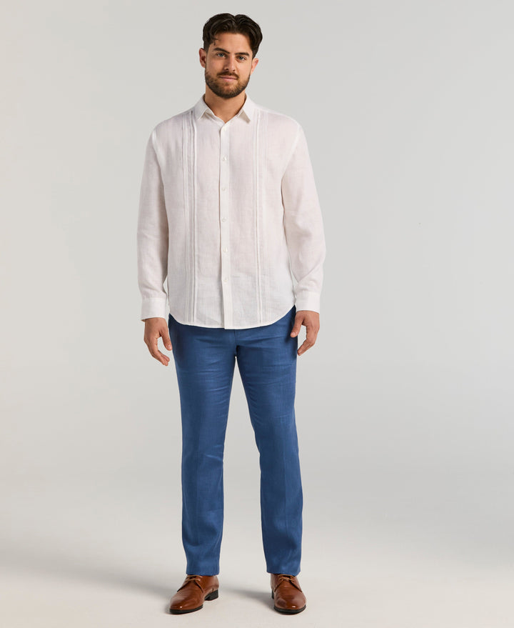 Linen Embroidered Tuck Panel Guayabera Shirt (Brilliant White) 