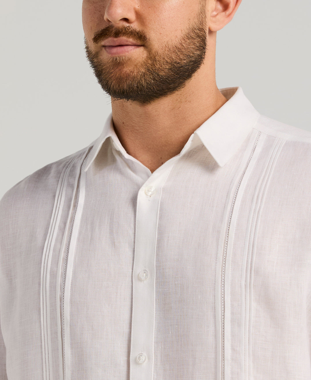 Linen Embroidered Tuck Panel Guayabera Shirt (Brilliant White) 